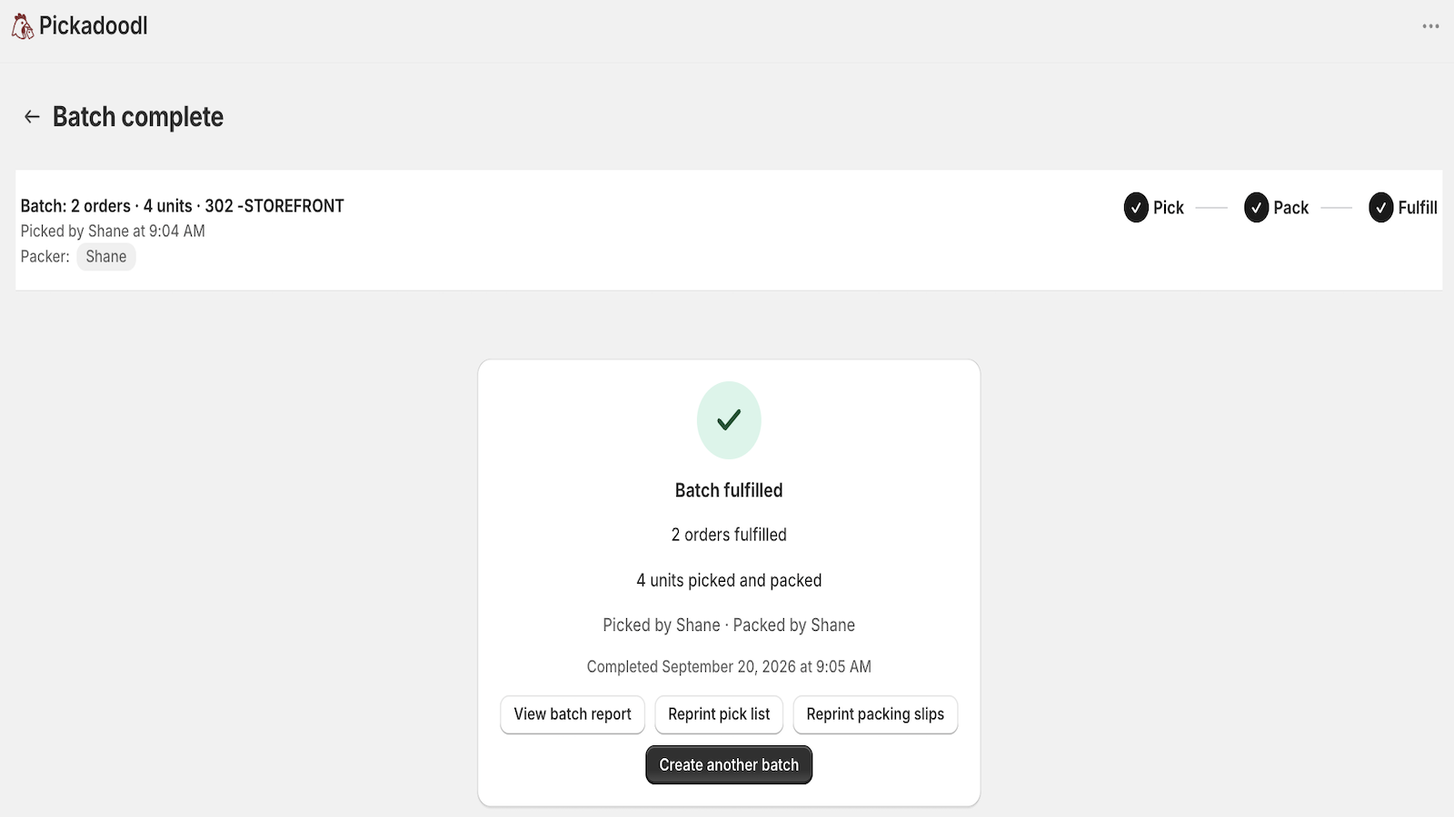 Pickadoodl batch complete screen showing 2 orders fulfilled