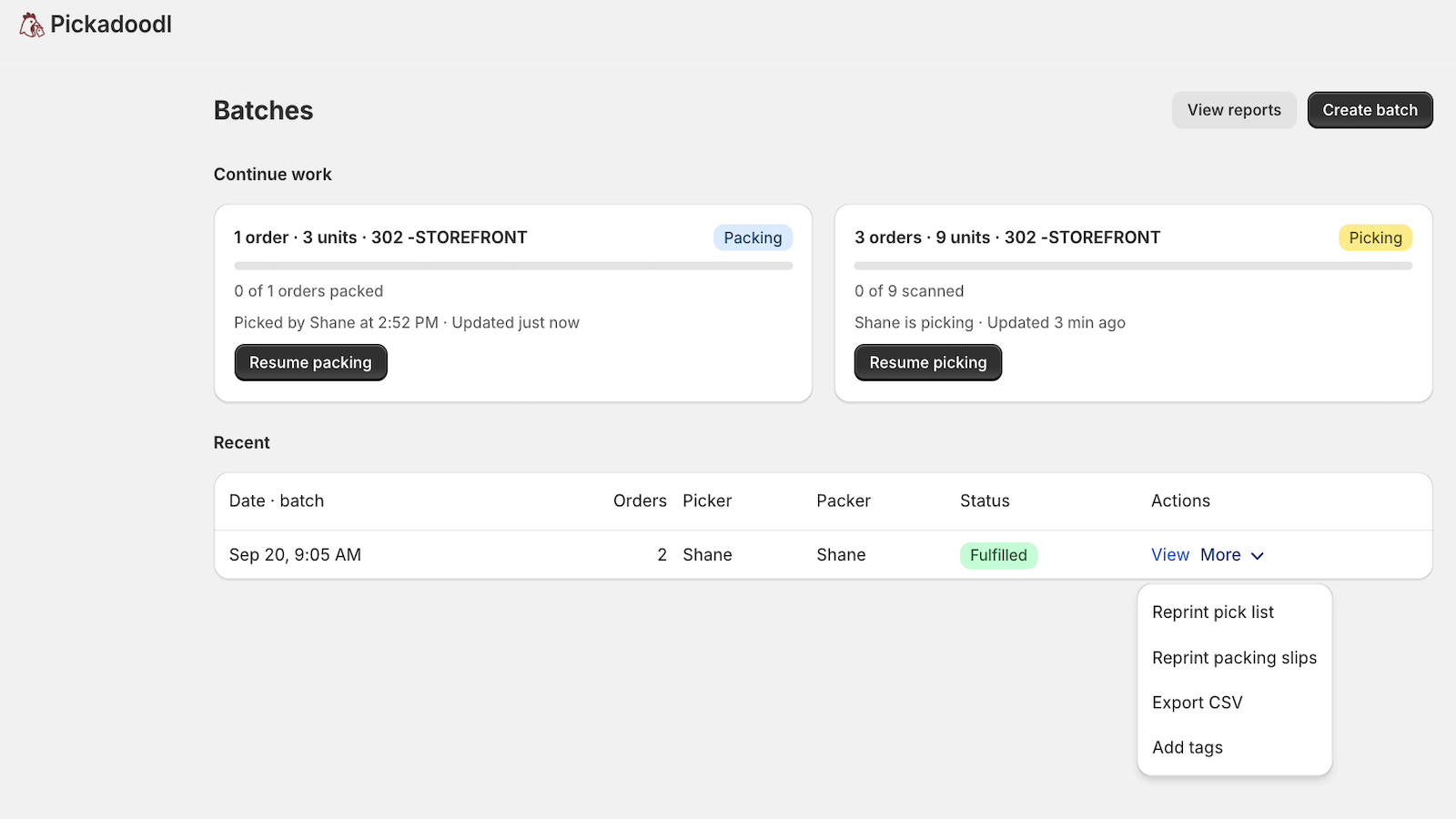 Pickadoodl dashboard listing batches in packing and picking status, with a recent batch marked fulfilled